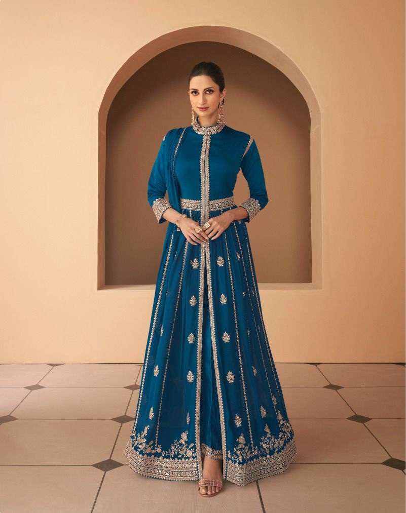 DESIGNER FANCY BLUE LONG ANARKALI GEORGETTE SALWAR SUIT GOWN EXCLUSIVE FOR PARTY WEAR AF BEGUM 5248