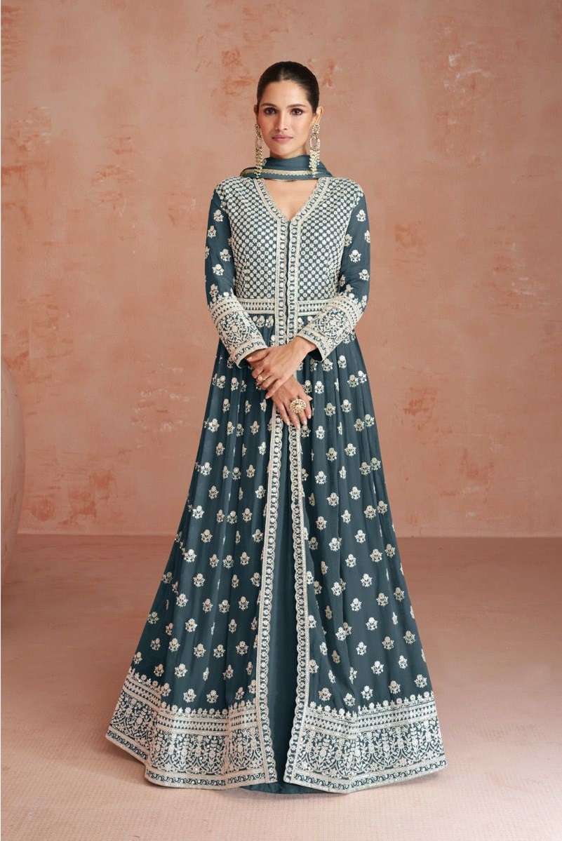 DESIGNER FANCY BLUE LONG ANARKALI GEORGETTE SALWAR SUIT GOWN EXCLUSIVE FOR PARTY WEAR AF 9558