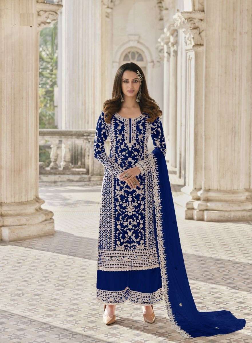 DESIGNER FANCY BLUE WEDDING PARTY FESTIVAL WEAR BUTTERFLY NET SALWAR SUIT JG 3304N