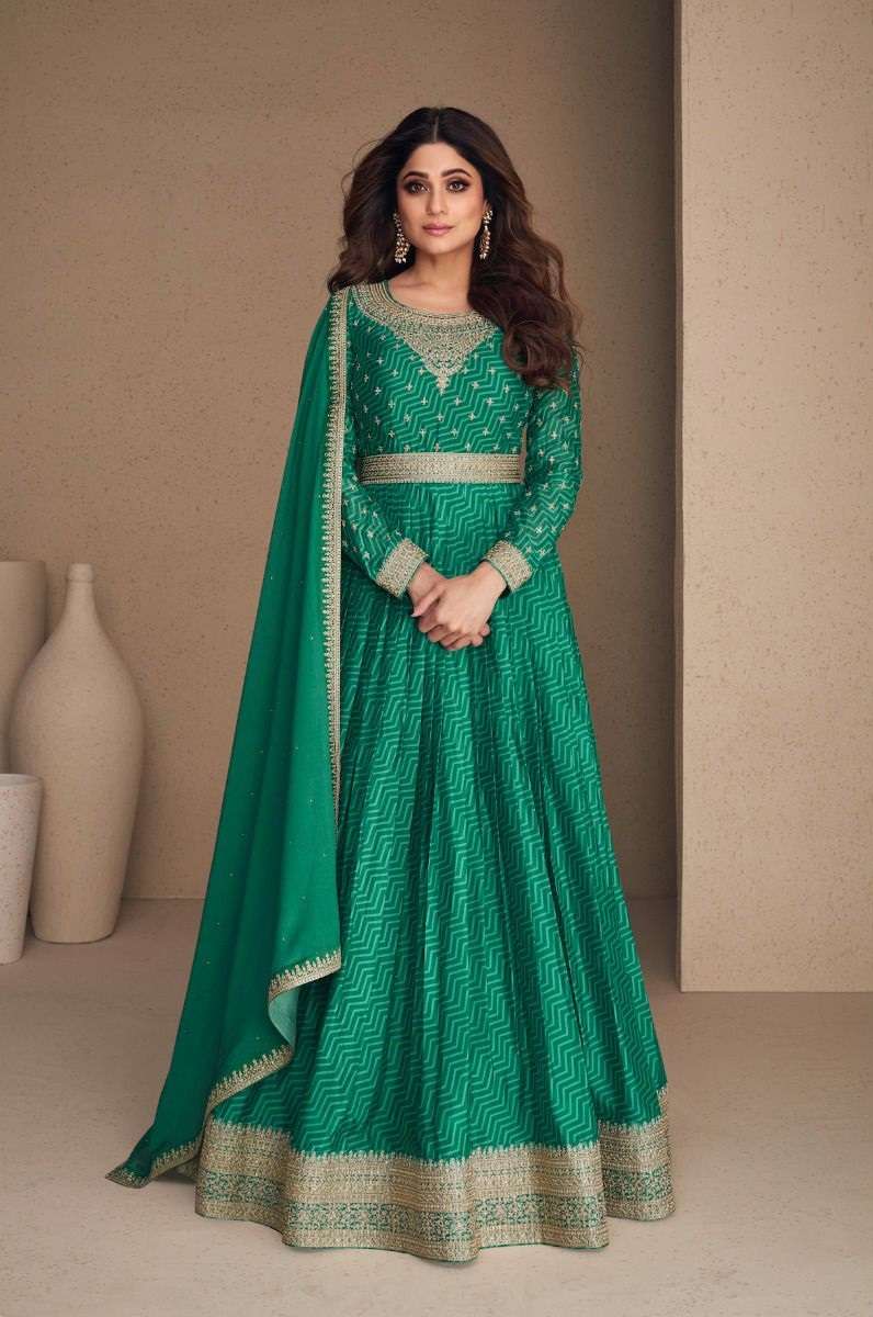 DESIGNER FANCY GREEN LONG ANARKALI CHINON SILK SALWAR SUIT GOWN EXCLUSIVE FOR PARTY WEAR AF RANI SAHIBA 9593