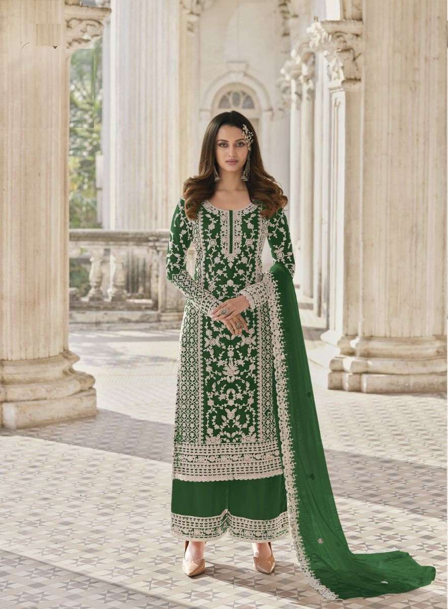 DESIGNER FANCY GREEN WEDDING PARTY FESTIVAL WEAR BUTTERFLY NET SALWAR SUIT JG 3304M