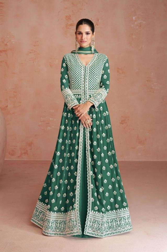 DESIGNER FANCY LONG GREEN ANARKALI GEORGETTE SALWAR SUIT GOWN EXCLUSIVE FOR PARTY WEAR AF 9555