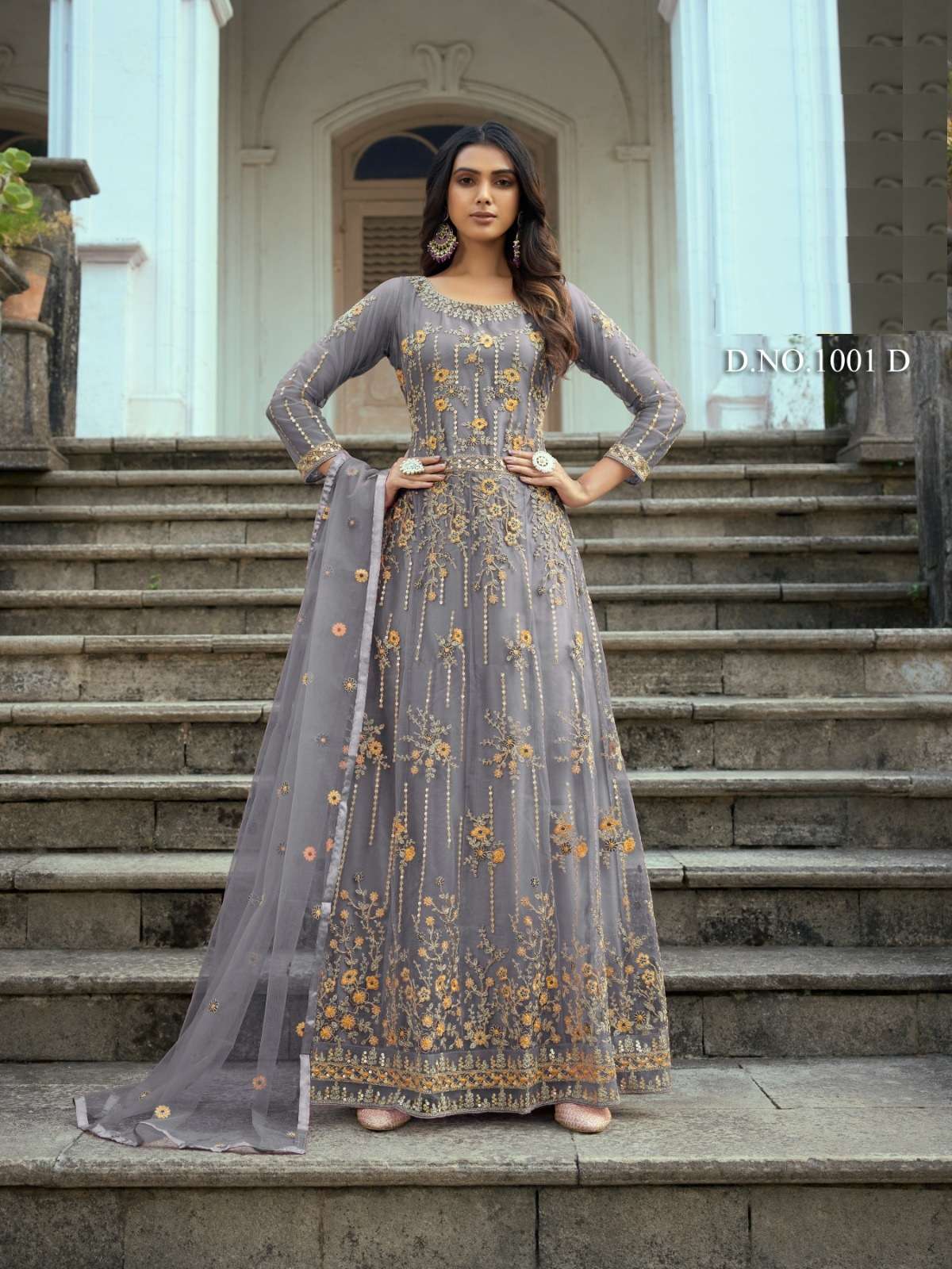 DESIGNER FANCY LONG GREY ANARKALI GOWN SALWAR SUIT FOR WEDDING PARTY WEAR IN BUTTERFLY NET FABRIC SABAH 1001D