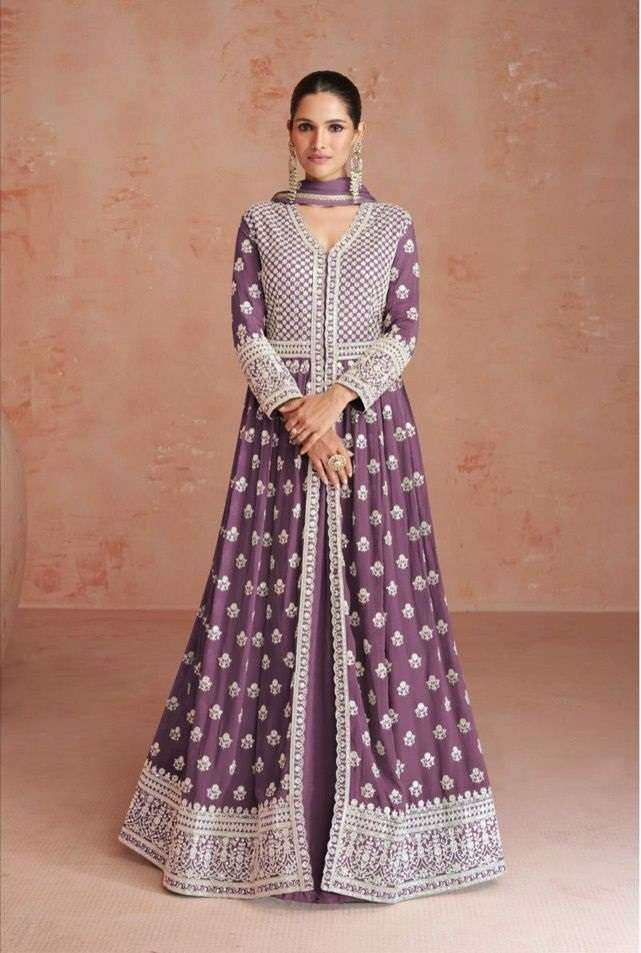 DESIGNER FANCY LONG LAVENDER ANARKALI GEORGETTE SALWAR SUIT GOWN EXCLUSIVE FOR PARTY WEAR AF 9557