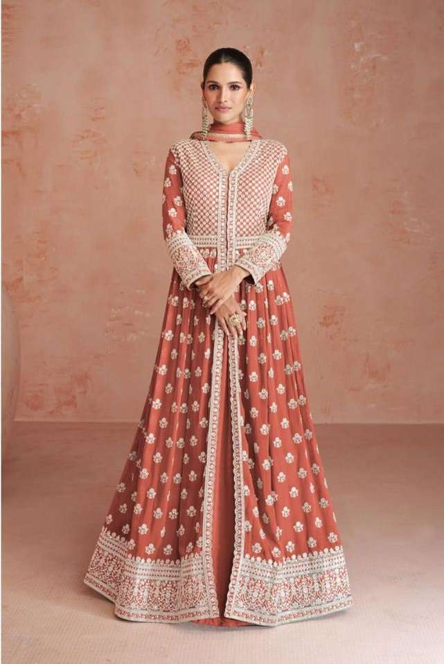 DESIGNER FANCY LONG ORANGE ANARKALI GEORGETTE SALWAR SUIT GOWN EXCLUSIVE FOR PARTY WEAR AF 9556