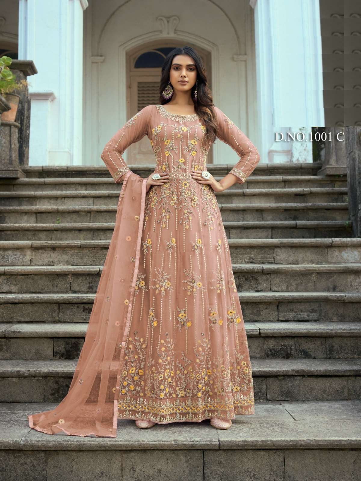 DESIGNER FANCY LONG PEACE ANARKALI GOWN SALWAR SUIT FOR WEDDING PARTY WEAR IN BUTTERFLY NET FABRIC SABAH 1001C