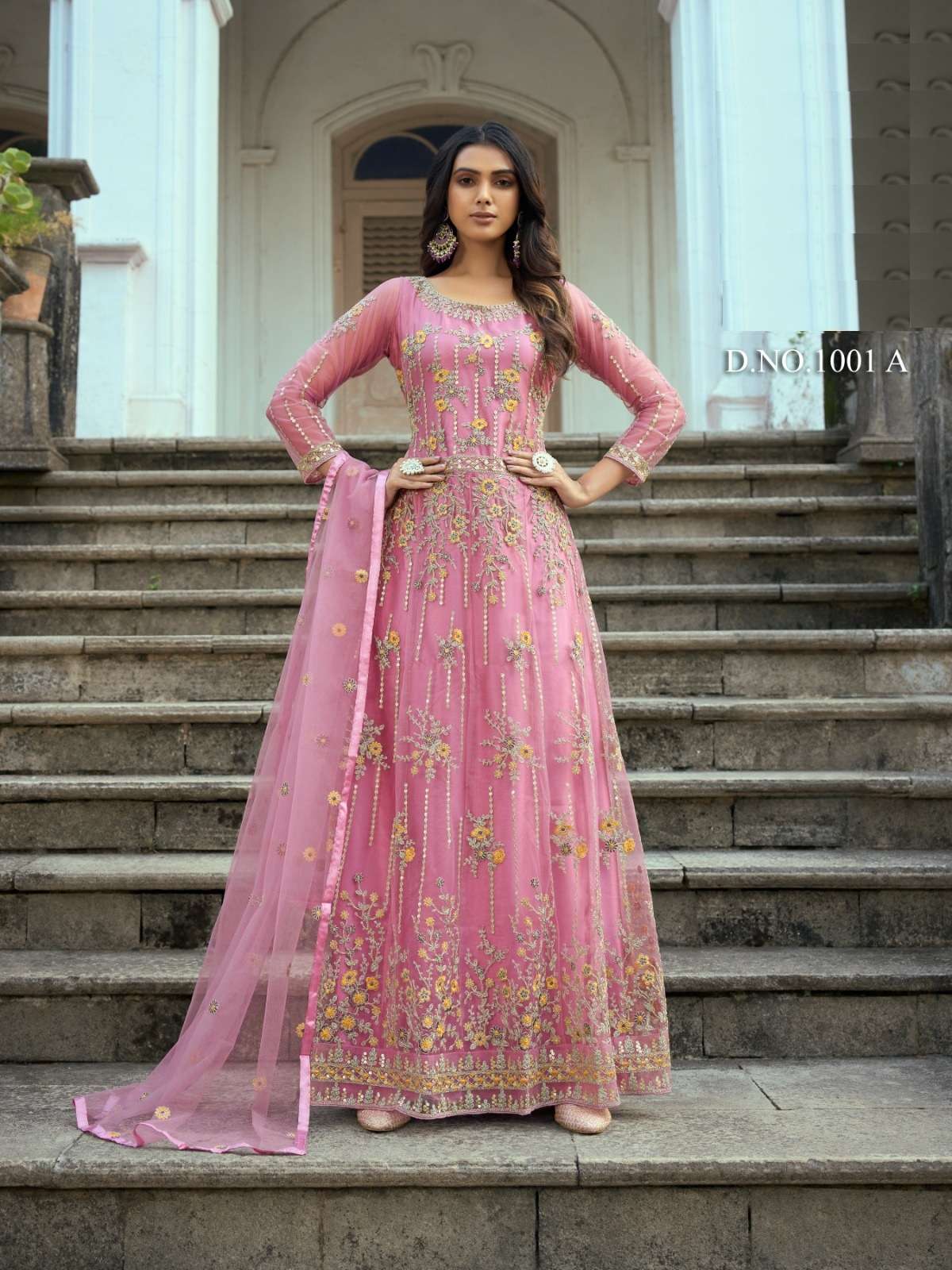 DESIGNER FANCY LONG PINK ANARKALI GOWN SALWAR SUIT FOR WEDDING PARTY WEAR IN BUTTERFLY NET FABRIC SABAH 1001A