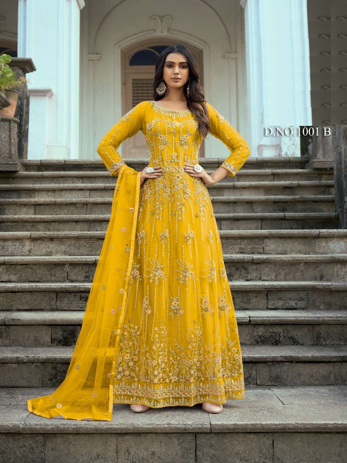 DESIGNER FANCY LONG YELLOW ANARKALI GOWN SALWAR SUIT FOR WEDDING PARTY WEAR IN BUTTERFLY NET FABRIC SABAH 1001B