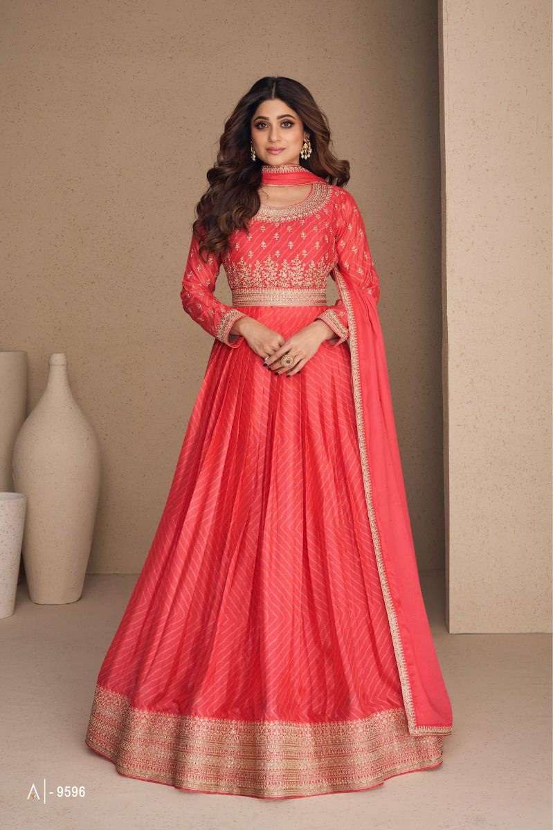 DESIGNER FANCY ORANGE LONG ANARKALI CHINON SILK SALWAR SUIT GOWN EXCLUSIVE FOR PARTY WEAR AF RANI SAHIBA 9596