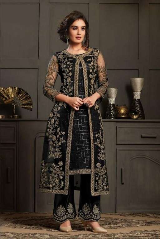 DESIGNER FANCY PARTY WEAR BLACK KOTI STYLE NET SALWAR SUIT JG 4594A