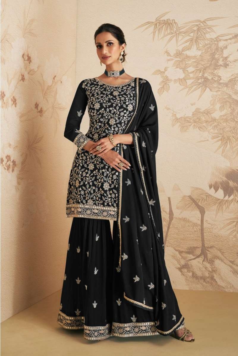 DESIGNER FANCY PARTY WEAR BLACK SHARARA PALAZZO GEORGETTE SALWAR SUIT JG ELAN 9409E