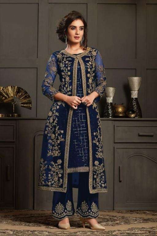 DESIGNER FANCY PARTY WEAR BLUE KOTI STYLE NET SALWAR SUIT JG 4594F