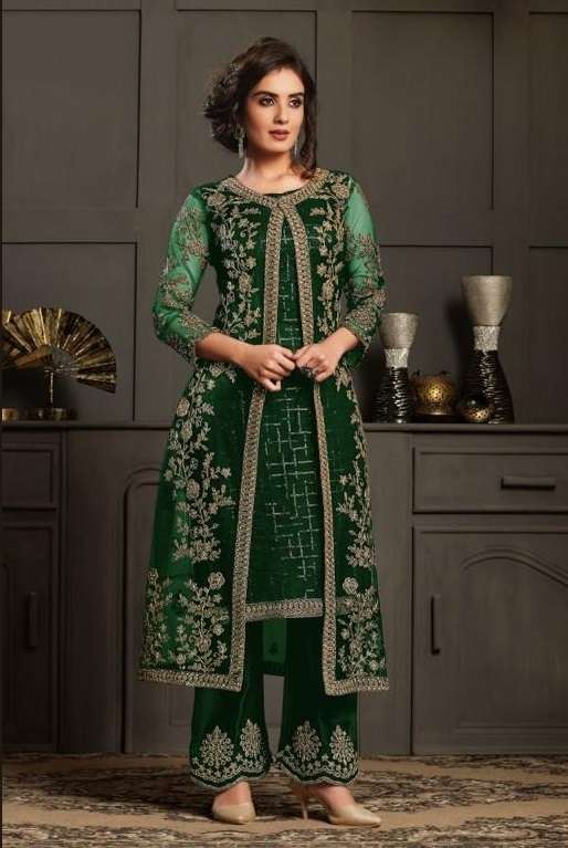 DESIGNER FANCY PARTY WEAR GREEN KOTI STYLE NET SALWAR SUIT JG 4594D