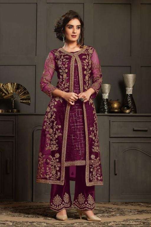 DESIGNER FANCY PARTY WEAR MAGENTA KOTI STYLE NET SALWAR SUIT JG 4594E