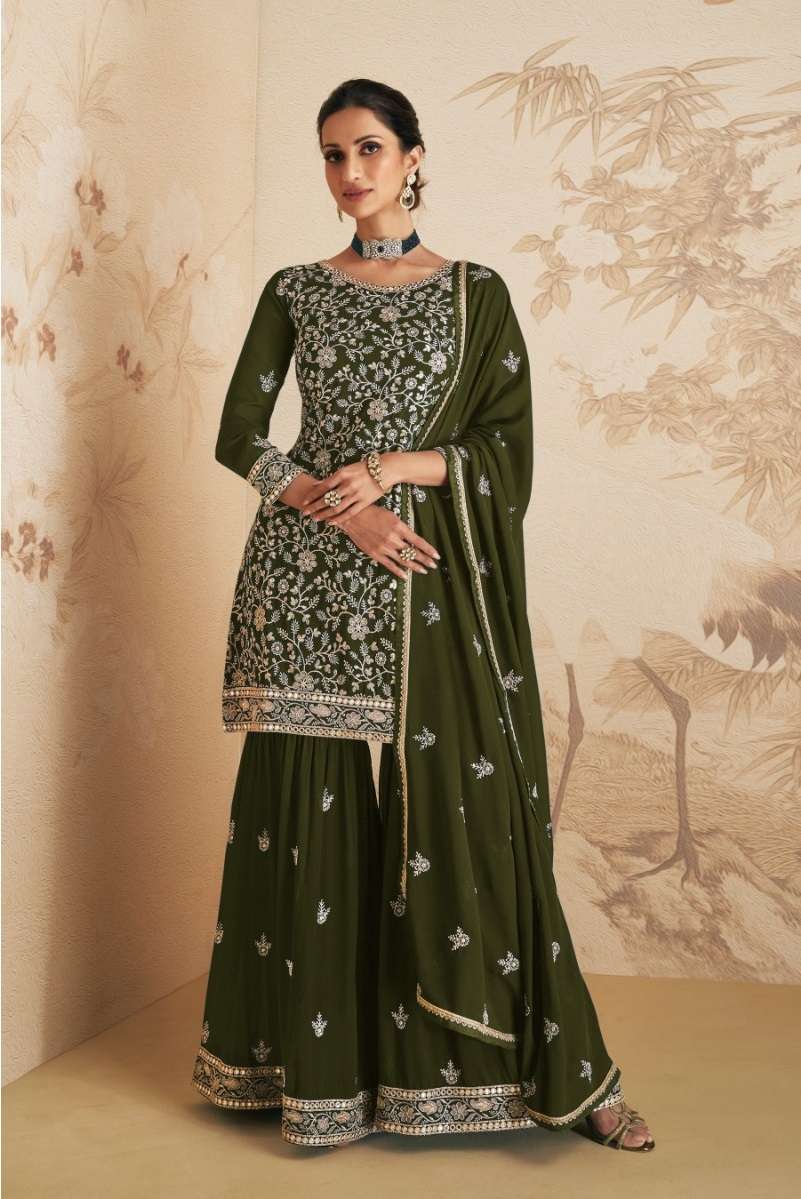 DESIGNER FANCY PARTY WEAR MEHANDI GREEN SHARARA PALAZZO GEORGETTE SALWAR SUIT JG ELAN 9409C