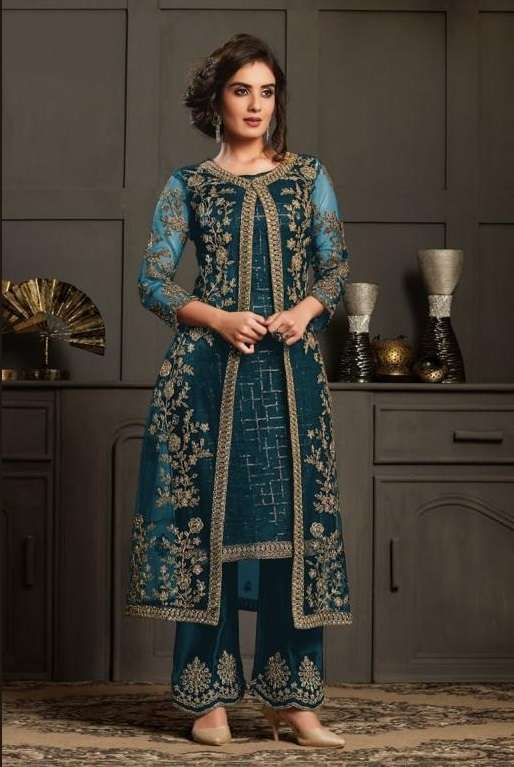 DESIGNER FANCY PARTY WEAR RAMA BLUE KOTI STYLE NET SALWAR SUIT JG 4594B