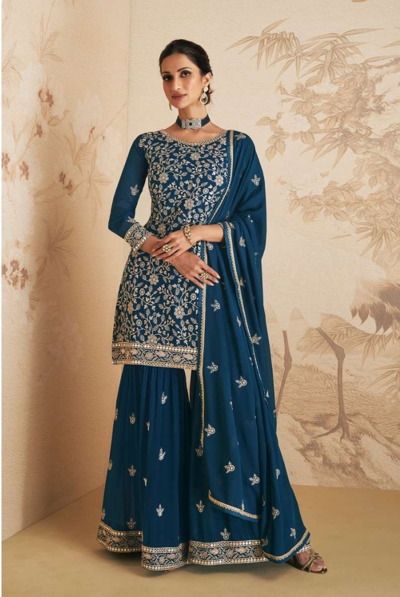 DESIGNER FANCY PARTY WEAR RAMA BLUE SHARARA PALAZZO GEORGETTE SALWAR SUIT JG ELAN 9409A