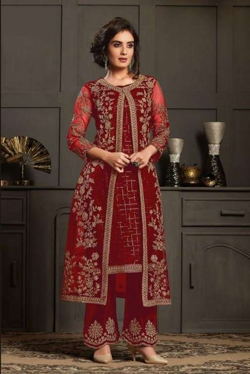 DESIGNER FANCY PARTY WEAR RED KOTI STYLE NET SALWAR SUIT JG 4594C