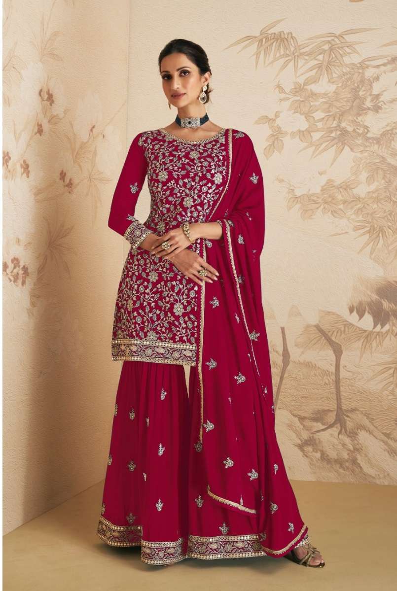 DESIGNER FANCY PARTY WEAR RED PINK SHARARA PALAZZO GEORGETTE SALWAR SUIT JG ELAN 9409B