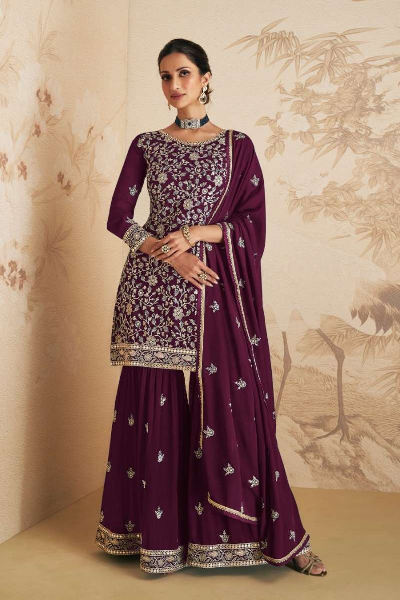 DESIGNER FANCY PARTY WEAR WINE SHARARA PALAZZO GEORGETTE SALWAR SUIT JG ELAN 9409D