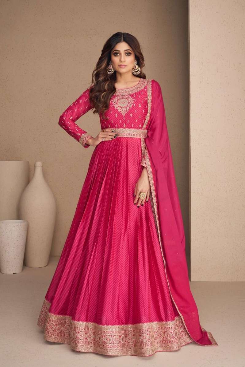 DESIGNER FANCY PINK LONG ANARKALI CHINON SILK SALWAR SUIT GOWN EXCLUSIVE FOR PARTY WEAR AF RANI SAHIBA 9592