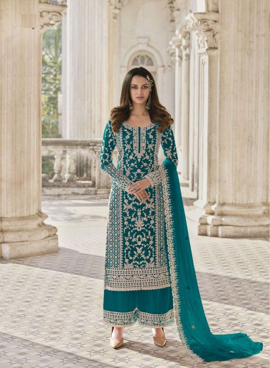 DESIGNER FANCY RAMA BLUE WEDDING PARTY FESTIVAL WEAR BUTTERFLY NET SALWAR SUIT JG 3304K