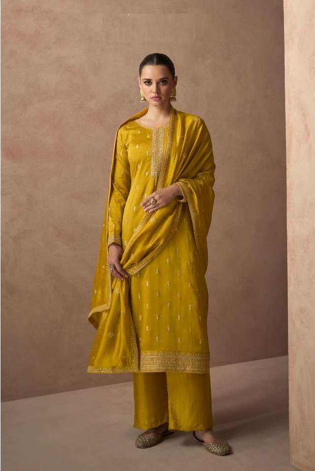 DESIGNER FANCY WEDDING PARTY FESTIVAL WEAR YELLOW PREMIUM SILK STARIGHT SALWAR SUIT GL GULMOHAR 9569