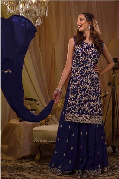 DESIGNER FANCY WEDDING PARTY WEAR BLUE GEORGETTE PLAZZO SALWAR SUIT JG 5051E