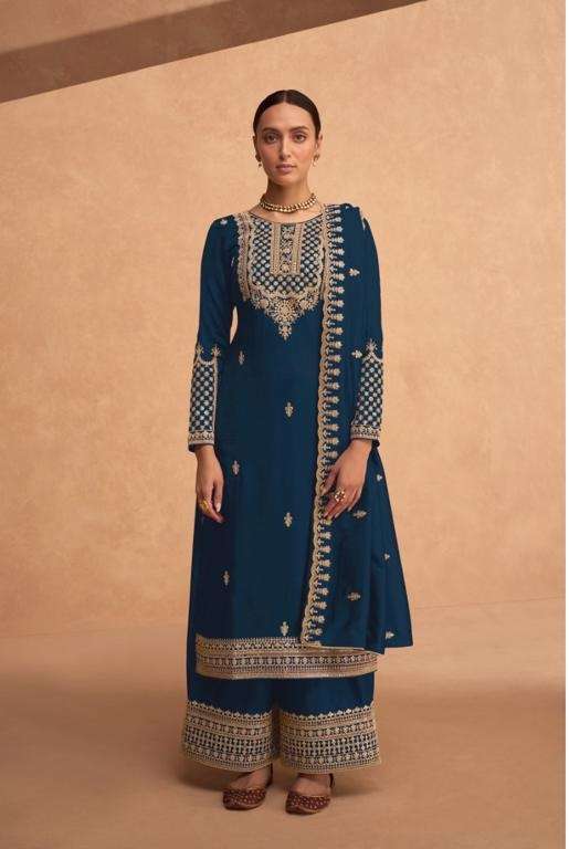 DESIGNER FANCY WEDDING PARTY WEAR BLUE GEORGETTE STRAIGHT PLAZZO SALWAR SUIT CPR AASHIRWAD 9494B