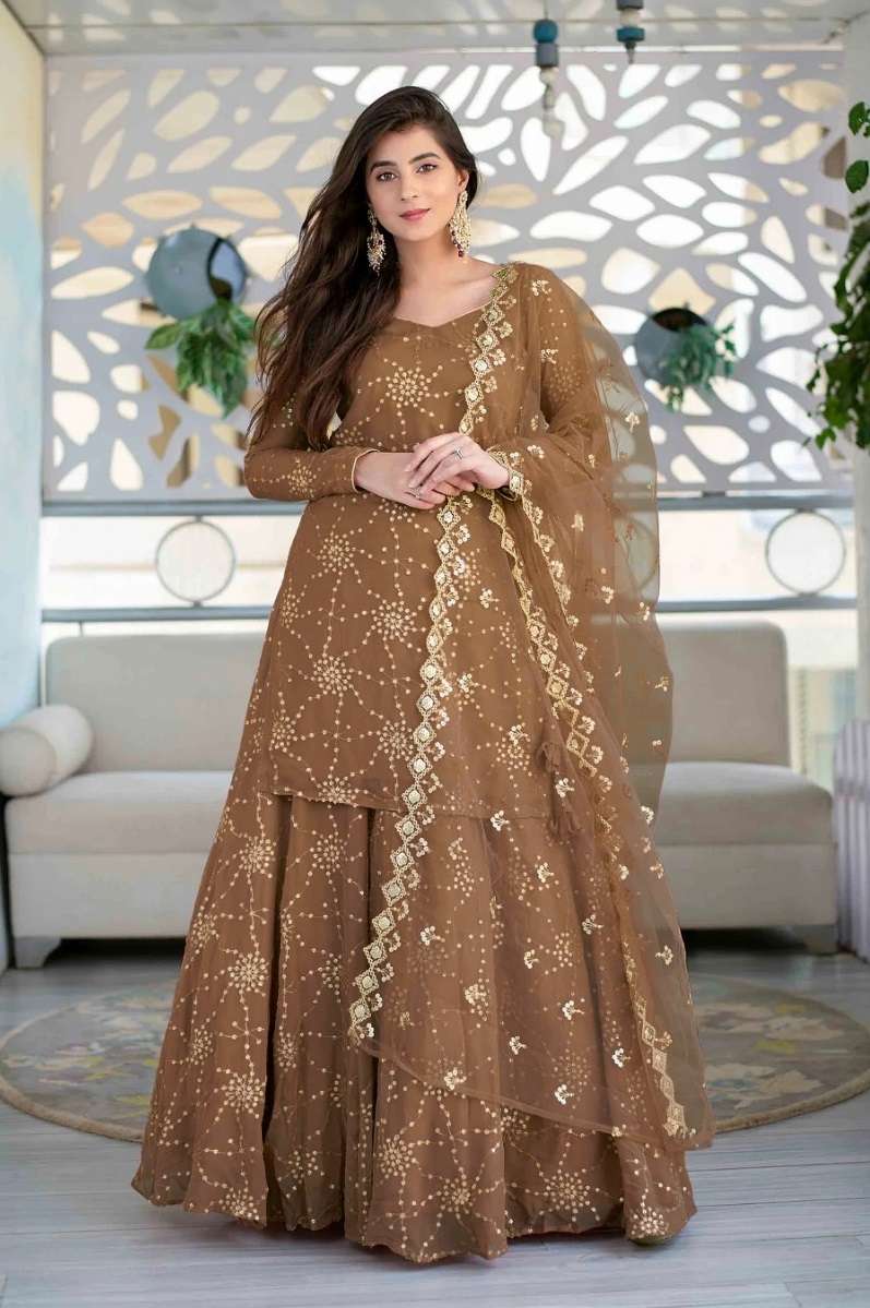 DESIGNER FANCY WEDDING PARTY WEAR BROWN GEORGETTE PLAZZO SALWAR SUIT JG 7477E