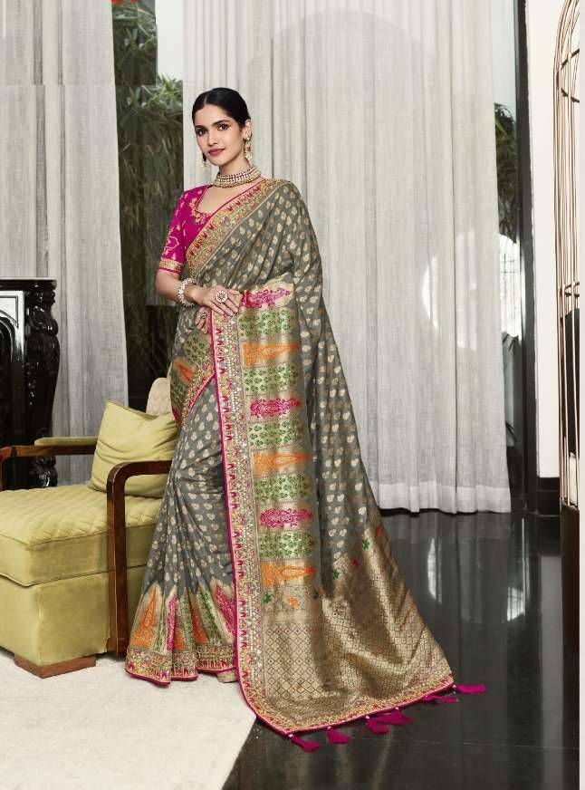 DESIGNER FANCY WEDDING PARTY WEAR DESIGNER GREY BANARASI SILK FABRIC SAREE SM ANARA 5703