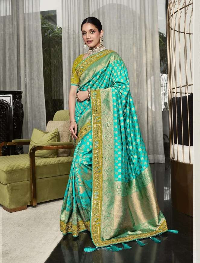 DESIGNER FANCY WEDDING PARTY WEAR DESIGNER SKY BLUE BANARASI SILK FABRIC SAREE SM ANARA 5708