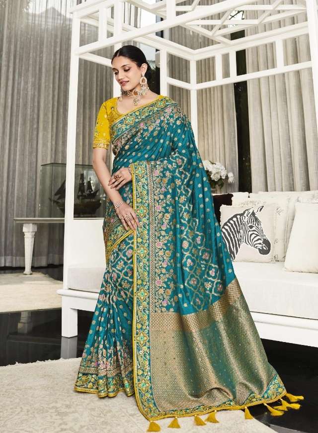 DESIGNER FANCY WEDDING PARTY WEAR DESIGNER TEAL BLUE BANARASI SILK FABRIC SAREE SM ANARA 5709