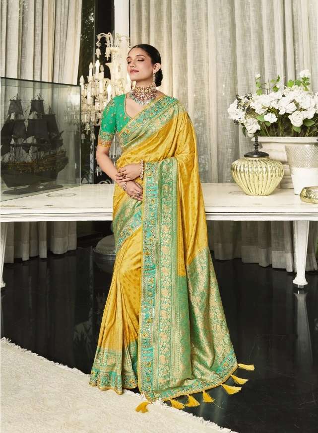 DESIGNER FANCY WEDDING PARTY WEAR DESIGNER YELLOW BANARASI SILK FABRIC SAREE SM ANARA 5705