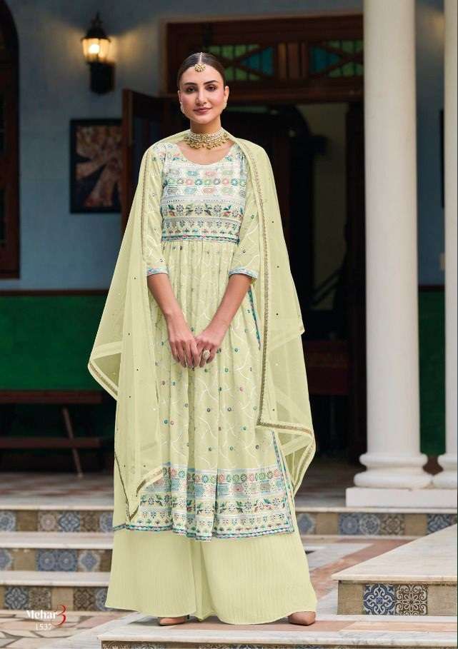 DESIGNER FANCY WEDDING PARTY WEAR FAUX GEORGETTE LEMON GREEN SHARARA SALWAR SUIT EB 1537