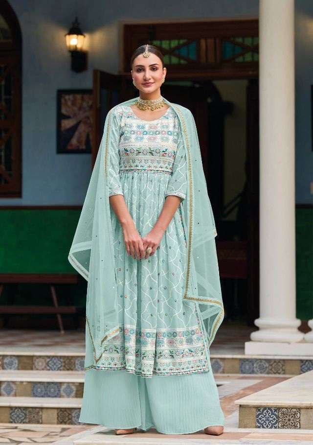 DESIGNER FANCY WEDDING PARTY WEAR FAUX GEORGETTE SKY BLUE SHARARA SALWAR SUIT EB 1535