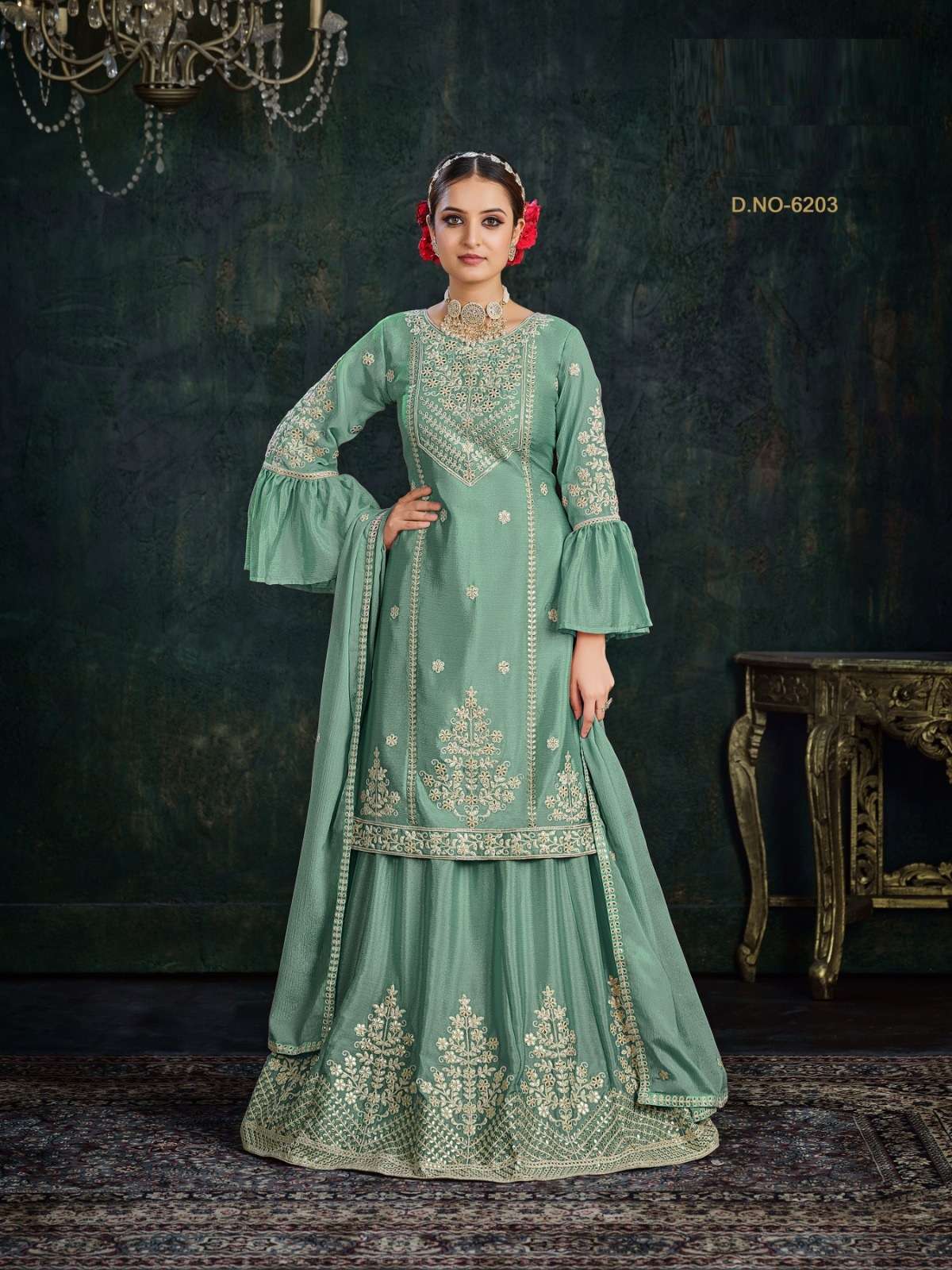 DESIGNER FANCY WEDDING PARTY WEAR GREEN CHINON LEHENGA SKIRT SALWAR SUIT ANY 6203