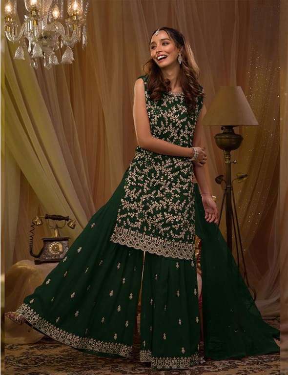 DESIGNER FANCY WEDDING PARTY WEAR GREEN GEORGETTE PLAZZO SALWAR SUIT JG 5051D