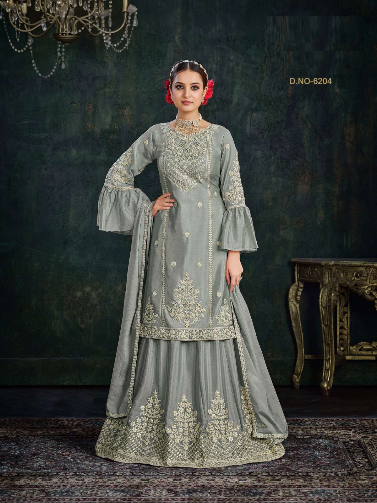 DESIGNER FANCY WEDDING PARTY WEAR GREY CHINON LEHENGA SKIRT SALWAR SUIT ANY 6204