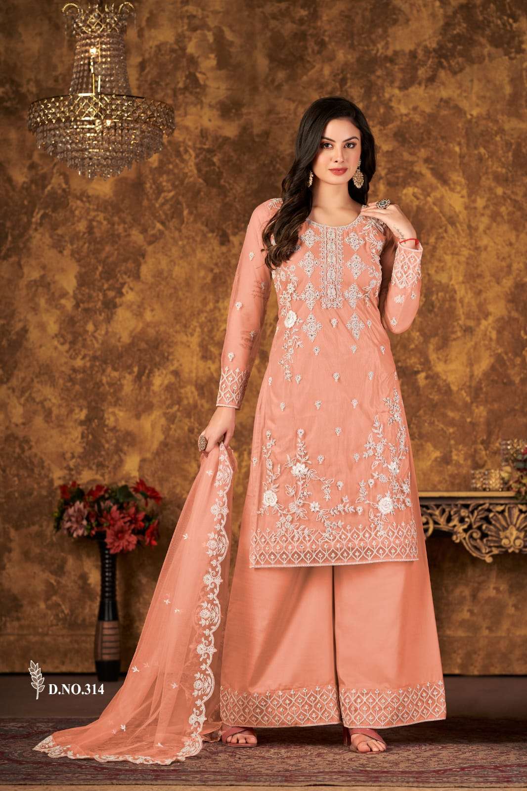 DESIGNER FANCY WEDDING PARTY WEAR ORANGE NET SHARARA SALWAR SUIT VAANI 314