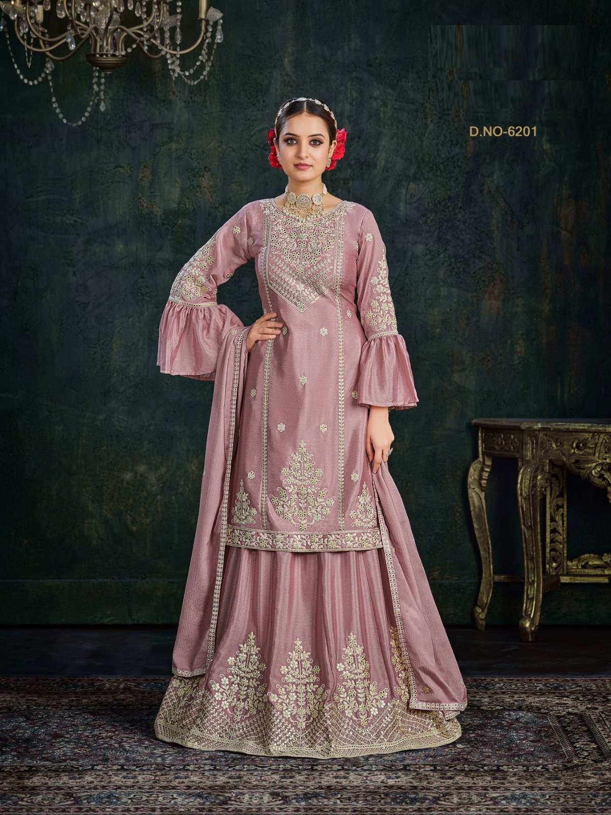 DESIGNER FANCY WEDDING PARTY WEAR PINK CHINON LEHENGA SKIRT SALWAR SUIT ANY 6201