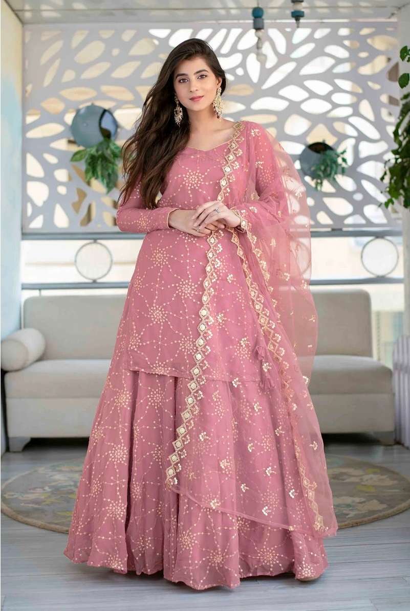 DESIGNER FANCY WEDDING PARTY WEAR PINK GEORGETTE PLAZZO SALWAR SUIT JG 7477C