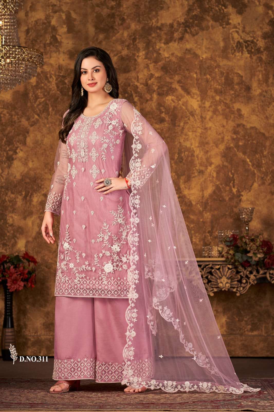 DESIGNER FANCY WEDDING PARTY WEAR PINK NET SHARARA SALWAR SUIT VAANI 311