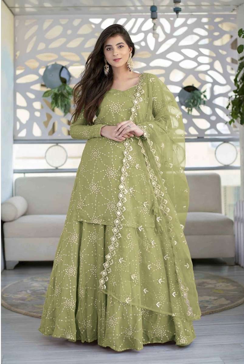 DESIGNER FANCY WEDDING PARTY WEAR PISTA GREEN GEORGETTE PLAZZO SALWAR SUIT JG 7477B