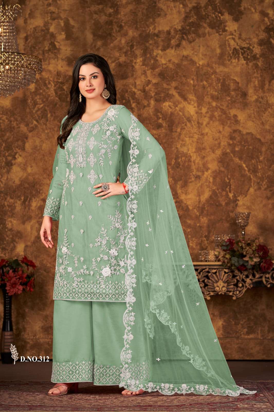 DESIGNER FANCY WEDDING PARTY WEAR PISTA NET SHARARA SALWAR SUIT VAANI 312