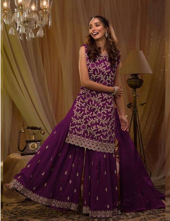 DESIGNER FANCY WEDDING PARTY WEAR PURPLE GEORGETTE PLAZZO SALWAR SUIT JG 5051C