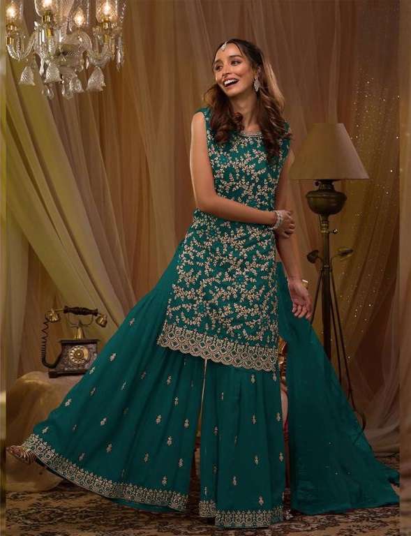 DESIGNER FANCY WEDDING PARTY WEAR RAMA GREEN GEORGETTE PLAZZO SALWAR SUIT JG 5051B