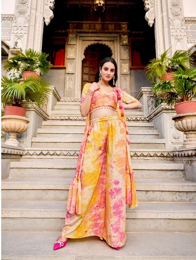 DESIGNER FANCY WEDDING PARTY WEAR READYMADE YELLOW KOTI CHOLI PALAZZO SALWAR SUIT KF FLORY 4952