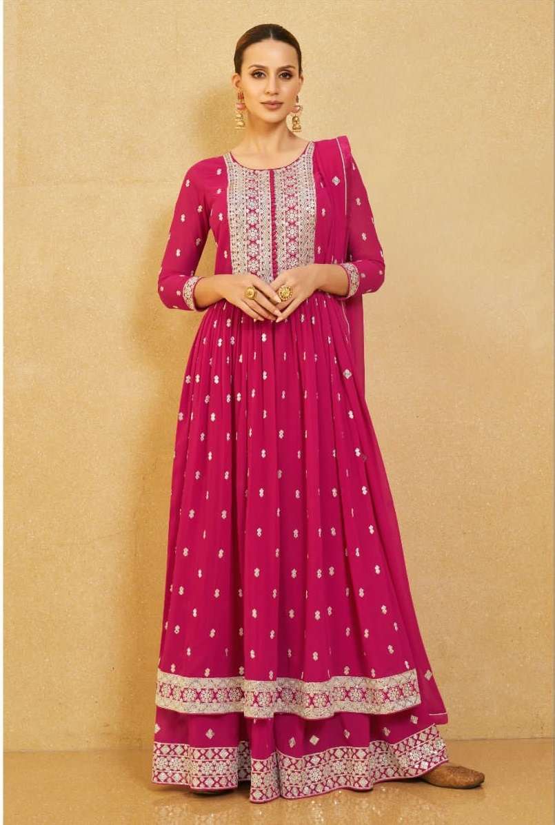 DESIGNER FANCY WEDDING PARTY WEAR REAL GEORGETTE DEEP PINK NAYRA CUT SHARARA SALWAR SUIT AASHIRWAD NURA 9613