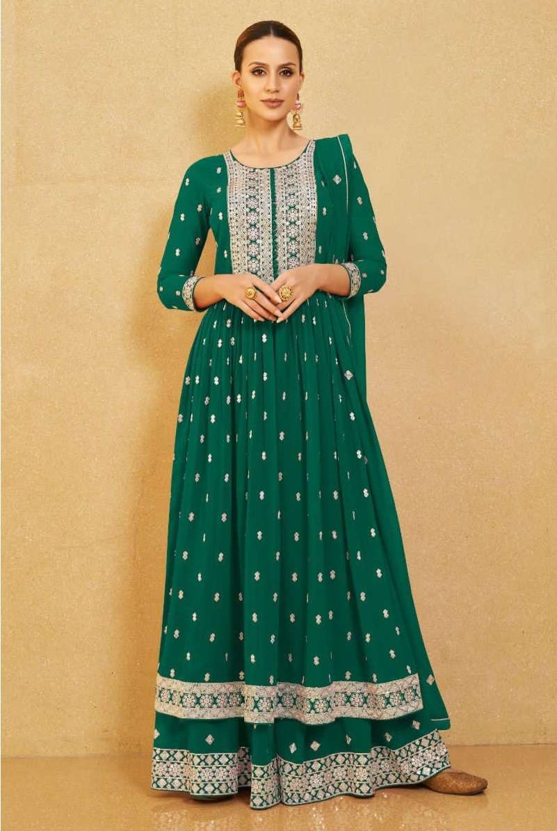 DESIGNER FANCY WEDDING PARTY WEAR REAL GEORGETTE GREEN NAYRA CUT SHARARA SALWAR SUIT AASHIRWAD NURA 9615